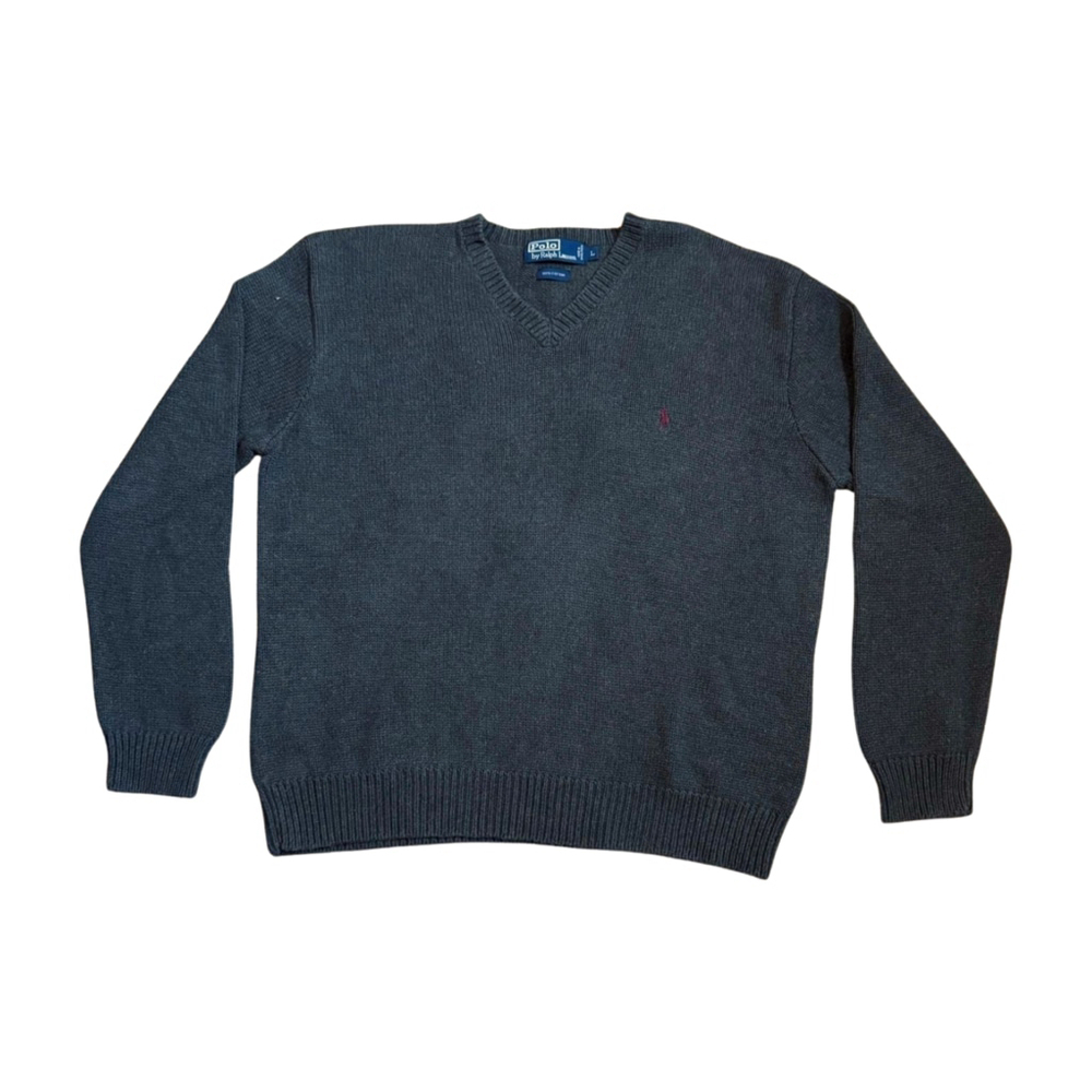 Polo Ralph Lauren Large Gray V-Neck Cotton Sweater Red Polo Logo